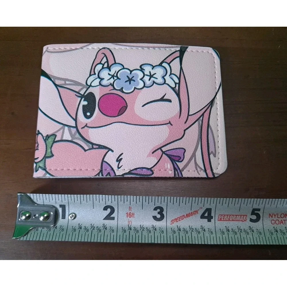 New Angel Lilo & Stitch Bi-Fold Card Or ID Holder Pink‎ Faux Leather